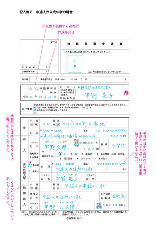 申立人が未成年の場合の相続放棄申述書の記載例